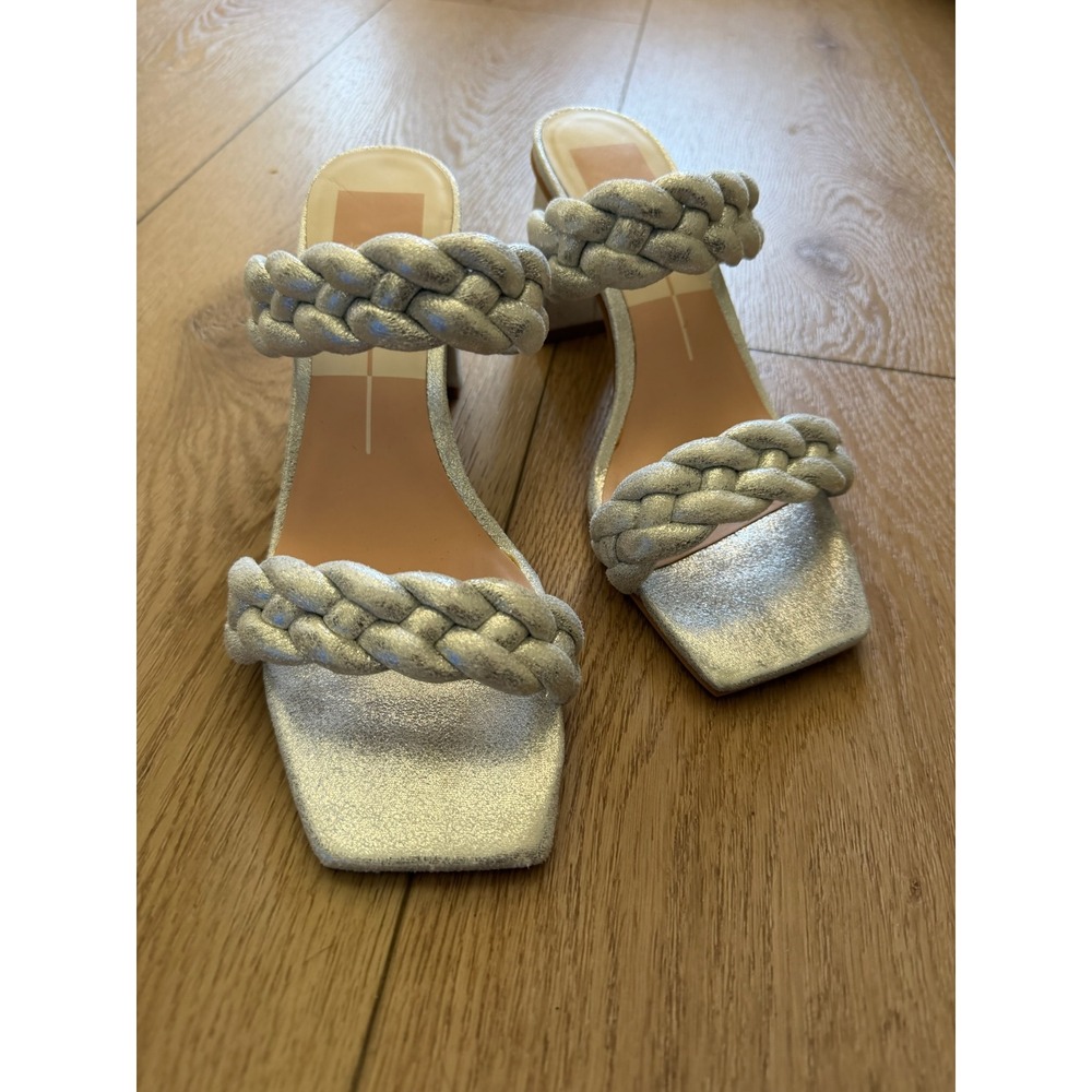 NEW Dolce‎ Vita Paily Braided Block Heel Slide Sandals Silver Metallic 8 X123